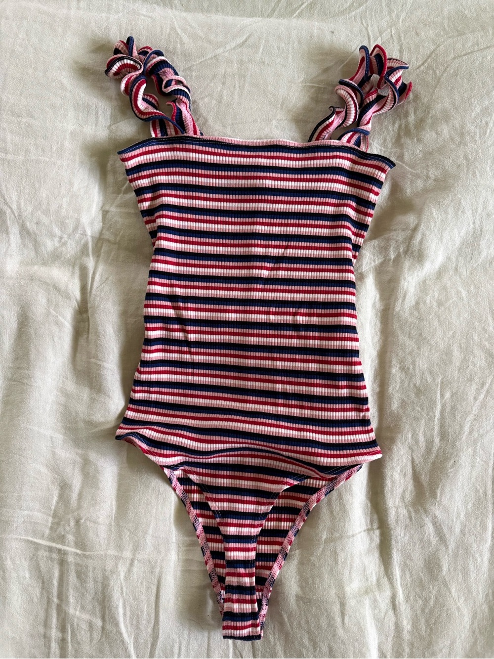 Reformation Striped Ruffle Strap One-Piece Bodysuit - Pink, Navy & White